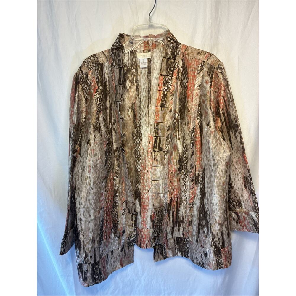 Chico's 2 Linen Blend Open Front Blouse Jacket Semi- Sheer Multi Abstract Print